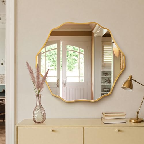 Fahomiss Irregular Hexagon Wall Mirror with Wavy Edge, Modern Decorative