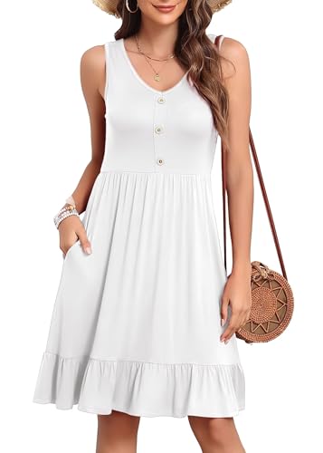 YGJIEGENG Sommerkleid Damen Trägerkleid Maxi Leicht Baumwolle V-Ausschnitt Knopfleiste Casual Elegant mit Seitentaschen Weiss L