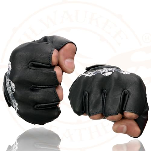 Image of Milwaukee Leather SH198 Men's Black Flame Embroidered Fingerless Gloves with Gel Palm | Padded Comfort; Vibration Relief; Flame Embroidery