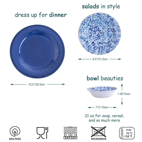 Melamine Dinnerware Set, 12 Piece Service for 4, Blue and White Porcelain Tableware Dishes for Indoor and Outdoor Use, Unbreakable Plates and Bowls Sets, Dishwasher Safe BPA Free