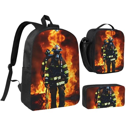 Sac à dos d'école imprimé flammes 3 pièces kit pompier avec lunch box trousse