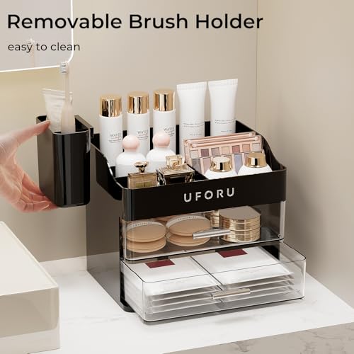 Image of UFORU Makeup Organizer for Vanity with Brush Holder, Countertop Skincare Organizer with 2 Drawers, Spacious Cosmetic Display Case for Perfumes, Cologne, Shaving Lotion