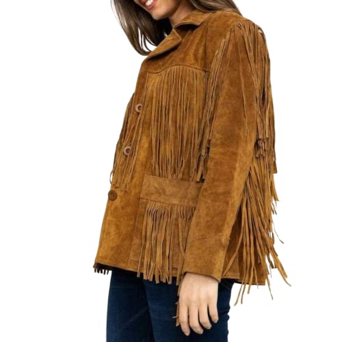Matarts Western Cow-Lady 100% Genuine Suede Leather Coat For Women’s -Native American Jacket With Fringes - (Brown) (As1, Alpha, X_S, Regular, Regular) #TOP5