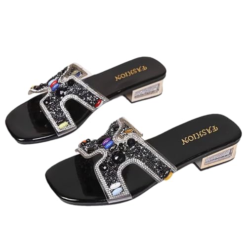 DONRRNDK Women's Rhinestone Slide Sandals Fashion Sparkly Embellished Square Toe Low Block Heel Slippers Non-slip Comfortable Slip-on Flat Sandals for Casual Daily Wear Black (black,8.5)