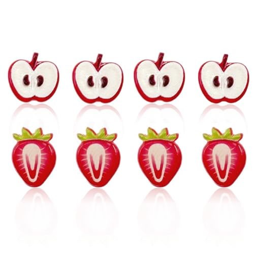 JEYORZY 4 Pares Lindo Pendientes Niñas Mujer, Pendientes Iman mujer, Pendiente De Iman, Pendiente de Frutas, Pequeños de Fresa para Orejas Sensibles sin perforación, 2 estilos