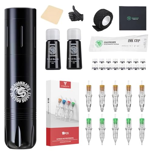 Dragonhawk X3 Pro Beginner Tattoo Gun Kit Rotary Pen with Rca Jack Battery Power Supply Extreme Cartridges Needles Practice Skin Full Accessories