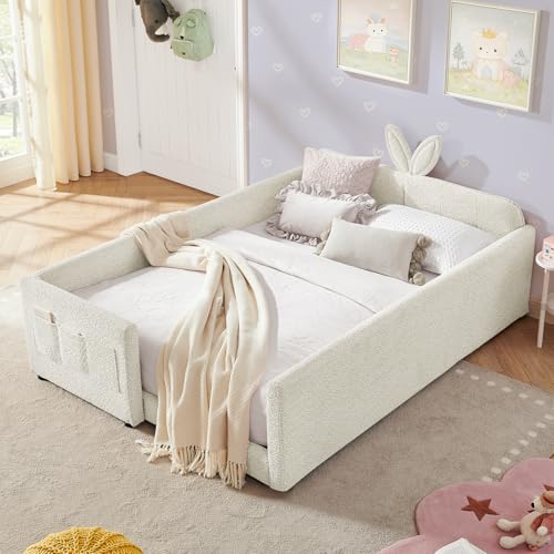 Image of Queen Size Bed Frame for Kids, Upholstered Daybed Frame Floor Bed with Safety Rails and Storage Pocket Cute Rabbit Ear Shaped Headboard for Kids Teens Boys Girls, Beige