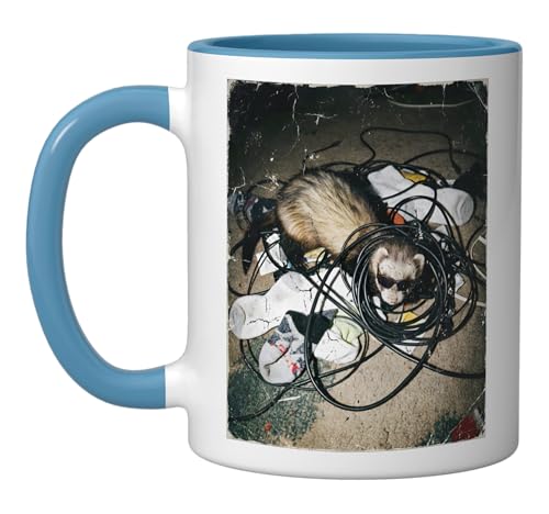 Funny Ferret Tech IT Support Meme Cable Management Ceramic Mug, Blue/White