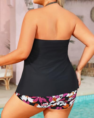 Image of Daci Plus Size Bandeau Tankini Swimsuit for Women 2 Piece Halter Swim Top with Shorts Tummy Control Bathing Suits