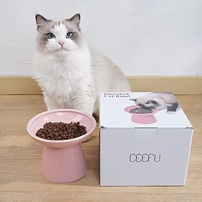 CEEFU Extra Wide Elevated Ceramic Cat Food Bowl - 6.2 Shallow Dish for Whisker Fatigue Relief, 5 Height for Easy Feeding, Lead & Cadmium Free, Durable Raised Cat Food Bowls, Pink