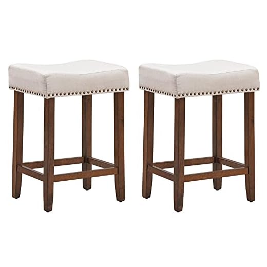 ERGOMASTER Counter Height Bar Stools Set of 2 Backless Fabric Barstools with Nailhead for Kitchen Island Extended Counter Padded Saddle Stools (24", Beige/Brown)