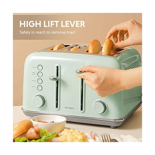   BUYDEEM-DT640-4-Slice-Toaster-Extra-Wide-Slots-Retro-Stainless-Steel-with-High-Lift-Lever-Bagel-and-Muffin-Function-Removal-Crumb-Tray-7-Shade-SettingsCozy-Greenish