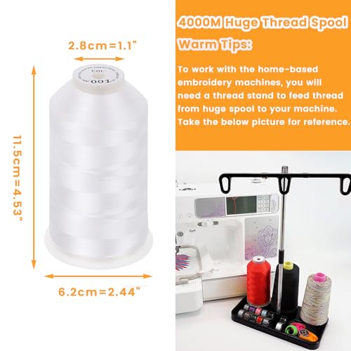 New brothread - Single Huge Spool 4000M Each Polyester Embroidery Machine Thread 40WT for Commercial and Domestic Machines - White