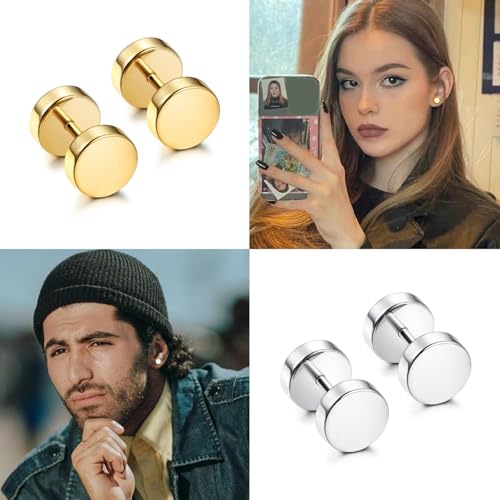 Jstyle 8 Pairs Dot Stud Earrings for Men Women Surgical Steel Screw Flat Back Earrings Multicolor Faux Gauges Ear Plug Tunnel Disc Mens Stud Earrings Piercing Set 4mm/6mm/8mm4