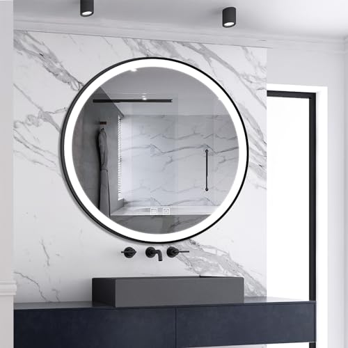 Skybathroom 700x700mm Round LED Bathroom Black Frame Mirror with Dimmable LED Lights, Smart Memory Function,Anti-fog,IP44