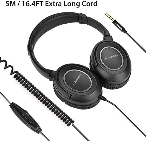 Avantree HF039 Słuchawki z długim zwijanym przewodem do telewizora, kabel przedłużający 5 m, słuchawki naukowe, wyjście audio 3,5 mm, słuchawki dźwiękowe stereo z spiralną spiralą, regulacja w