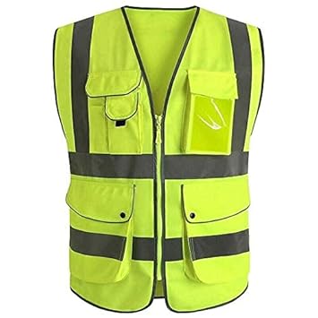 Ubersweet Imported 5X(Class 2 Yellow Reflective Vest with 9 Pockets and Front Zipper High Visi Y5E1
