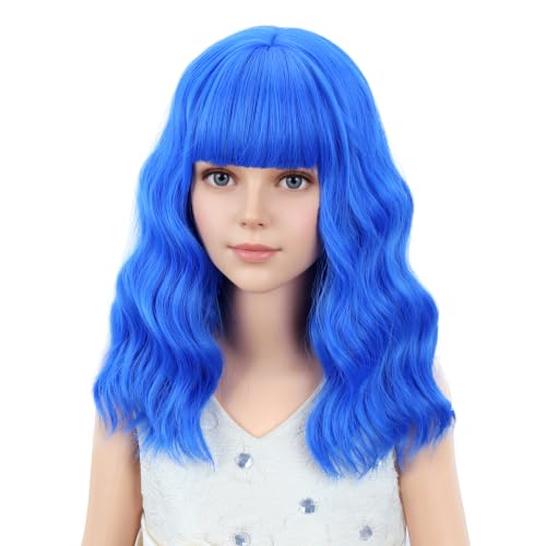 Image of PATTNIUM Kids Blue Wig Short Blue Wig with Bangs for Girls Children Mixed Blue Wigs Cosplay Party Synthetic Wigs(Mixed Blue)