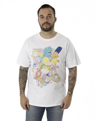 Nickelodeon Mens Short Sleeve T-Shirt | Adults Classic 90's Cartoon Short Sleeve Graphic Tee | Iconic Group Character Retro White Short-Sleeve Top | Nick Nostalgic Merchandise Gift for Him