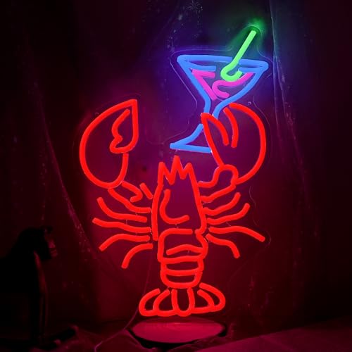 Image of Lobster Cocktail Neon Sign for Wall Decor USB Powered Funny Shrimp Martini Neon Light Dimmable LED Bar Crawfish Light Up Sign for Party Seafood Restaurant Bedroom Bar