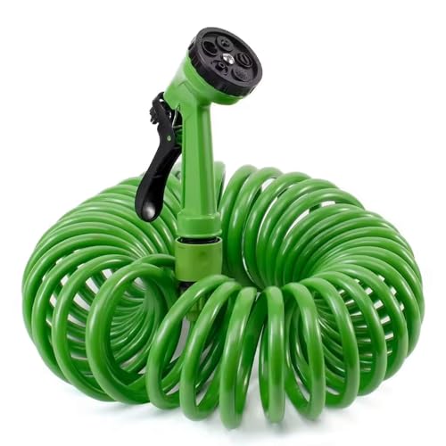 CABLEPELADO - Manguera Espiral Extensible de Jardín, Hasta 15m, 7 Modos de Riego, Pistola de Agua Incluida, Compatible con Accesorios Estándar, Verde