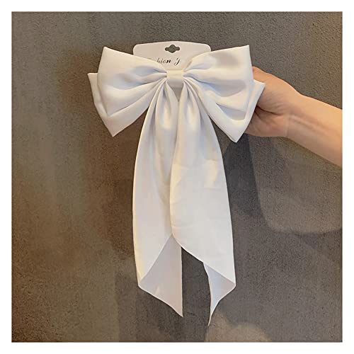 Yurosiay Lazo para el pelo para mujer, grande, vintage, francés, largo, cinta de raso para el pelo, lazo, color liso, horquilla, clip para el pelo, lazo blanco