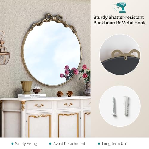 Image of Round Bronze Bow Mirror, 30 inchx28 inch Vintage Mirror with Metal Frame