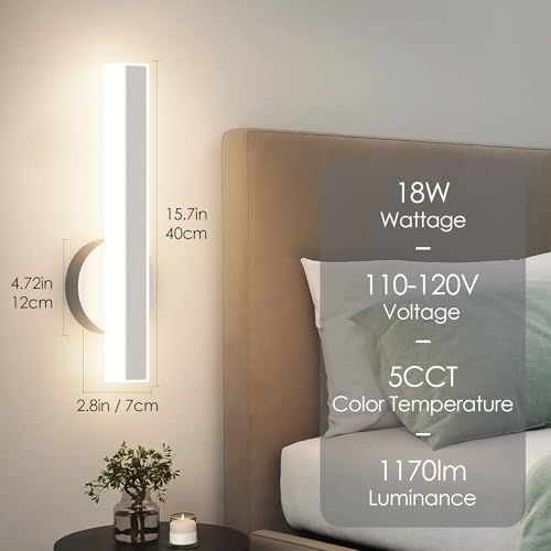 Image of Aipsun Brushed Nickel Wall Sconce Hardwired Modern LED 18W Wall Sconce Set of Two, 15.7Inches Wall Lights for Living Room Bedroom Hallway 5CCT