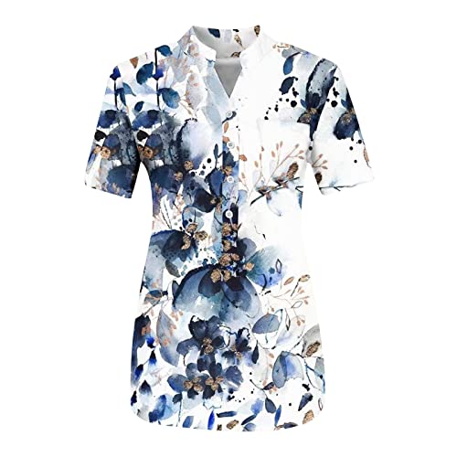 2023 Summer Shirts For Women V Neck Short Sleeve Button Up Tops Floral Print Casual Loose Fit Beach Blouse With Pockets #8 #TOP2