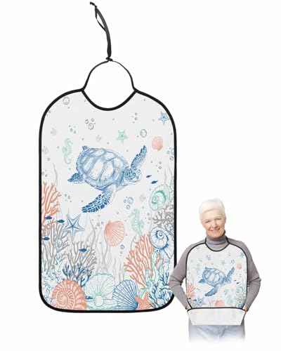 LEOKOTI Orange Blue Teal Coastal Adult Bibs for Eating, Waterproof Bibs with Food Catcher & Adjustable Snap Closure, Sea Turtle Nautical Coral Beach Washable Clothing Protectors Adult Bibs for Elderly