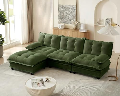 Image of 108 inch Sectional Sleeper Sofa with Ottoman, L Shaped Modular Deep Seat Couches for Living Room Apartment, Flexible Module Combination Cloud Sofa with Spring Support, Easy Assembly, Dark Green