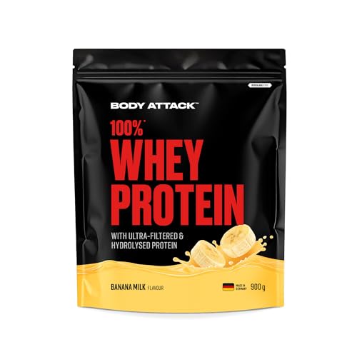 Body Attack 100% Whey Protein - Banana Milk 900 g - Made in Germany - Extra cremiges Eiweißpulver mit Hydrolysat & BCAAs unterstützt Muskelaufbau und Diäten - Für Sportler & Athleten