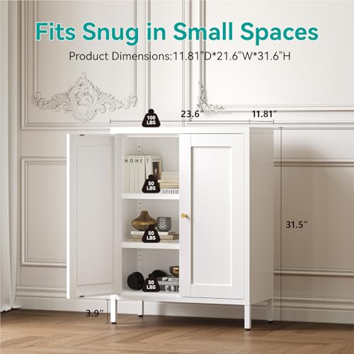 Image of Small Metal Storage Cabinet,23.6 Inch Wide 11.8 Inch Deep,Bathroom Cabinet with Adjustable Shelves,3-Tier 31.5 inch Tall Shaker Cabinet for Kitchen Entryway Living Room,White