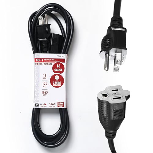 iWork 10ft Black Extension Cord, 16/3 SJTW Heavy-Duty, 10' Cable 3-Prong Grounded Plug, Weather-Resistant Power Strip, UL Listed, 13 Amp/1625 Watt Capacity, 10-Foot Extension Cords for Indoor/Outdoor