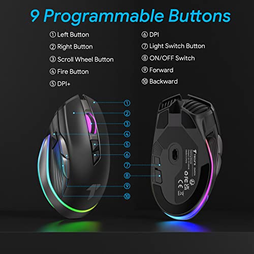 Tecurs Wireless Gaming Mouse, 12000 Dpi Wired & Wireless Dual Modes Rechargeable Rgb Gaming Mouse With Side Buttons, 9 Programmable Buttons Mice For Computer/Pc/Laptop #TOP5