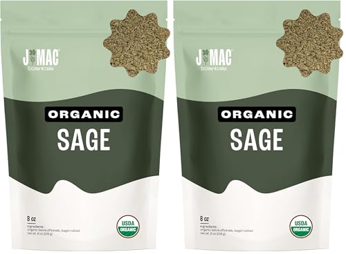 J Mac Botanicals, Organic Rubbed Sage (8 oz), Certified USDA Organic, Dried Rubbed Sage Leaf. Culinary Grade-excellent for sausage making, fresh Albanian harvest (Pack of 2)