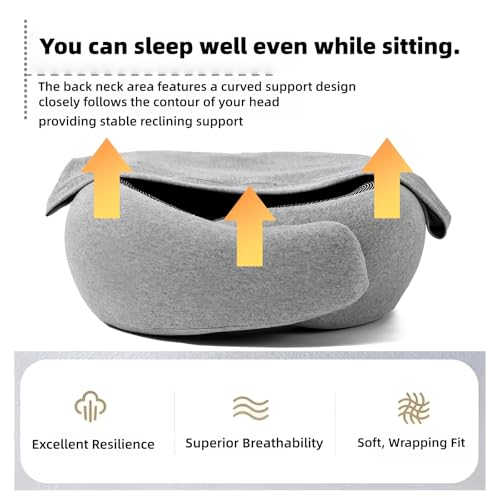 Image of Travel Neck Pillow with Extra Large Hood Rollable Airplane Hooded Neck Pillow with Memory Foam Filling and Removable, Skin-Friendly Cover with a Carrying Pouch (Cationic)