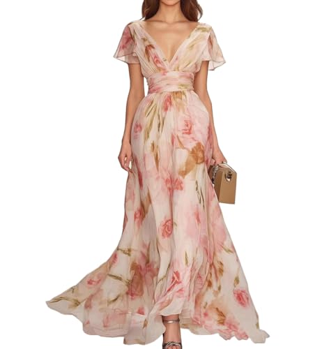 Robe de soirée col en V taille haute plissée et fluide pour femme
