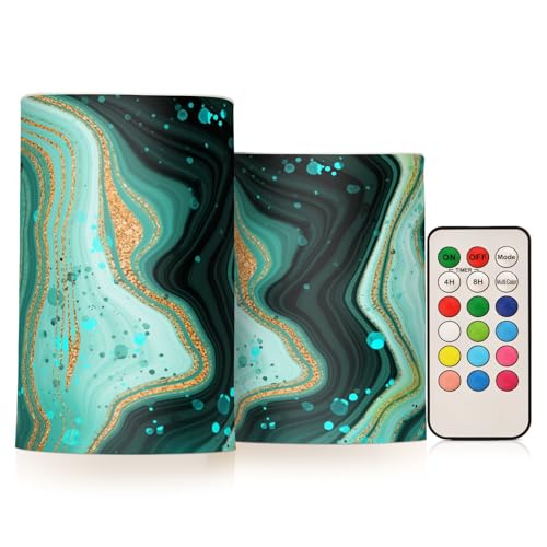 Image of Eionryn Gold Marble Green Flameless Candles Turquoise Teal Battery Operated LED Candles with Remote Timer Electric Candles for Home Party Decor 2pcs