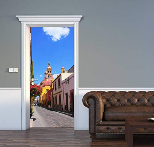 3D Door Decal Street With Medieval Buildings Queretaro Mexico Door Stickers Removable Adhesive Pvc Door Wall Mural Door Wallpaper Door Art For Home Decor 30.3" W X 78.7" H #TOP6