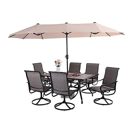 Sophia & William Patio Dining Set 8 Pieces Outdoor Metal Furniture Set with 13ft Double-Sided Patio Umbrella Beige, 6 x Swivel Patio Dining Chairs, 1 Wood Like Umbrella Table for Patio Lawn Garden