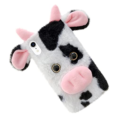 Black Fluffy Fur Plush Case For Iphone Xr Cute Milk Cow Furry Girly Cover 3D Animal Fuzzy Protective Case Faux Rabbit Cony Hair Kawaii Kid Toy Fun Women Phone Shell For Apple Iphone Xr #TOP2