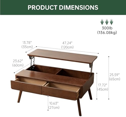 Spacious lift top coffee table revealing hidden storage and dual drawers for organization.