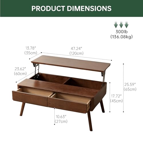 Lift Top Coffee Table,100% Solid Oak Wood Walnut Coffee Table with Drawers and Hidden Compartments, Rectangular Coffee Tables with Storage for Living Room Home Decor (47.24inch) - Image 3