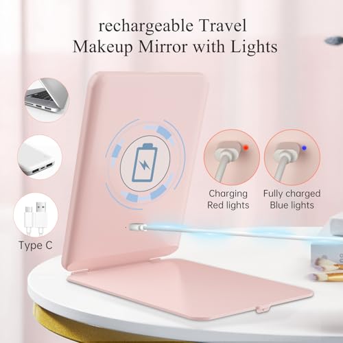 Image of FUNTOUCH Rechargeable Travel Makeup Mirror with 72 Led Lights, Portable Lighted Makeup Mirror, 3 Color Lighting, Dimmable Touch Screen, Type C, Tabletop LED Folding Cosmetic Vanity Mirror (Pink)