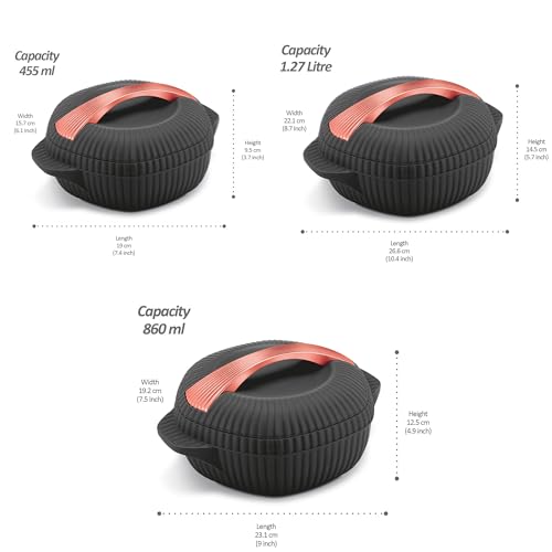 Image of MILTON plastic Oyster Jr. Gift Set PU Insulated Casserole, Set of 3 (455 ml, 860 ml, 1275 ml), Black, BPA Free, Food Grade, Hot and Cold, Easy to Carry, Easy to Store, Chapati, Roti, Curd Maker