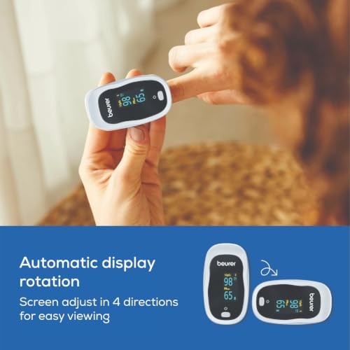 Image of Beurer PO 20 Pulse Oximeter for Adults with Perfusion Index & Colour Display | German Engineered Fingertip Oximeter for Blood Oxygen Saturation (SpO2) & Pulse Rate Monitoring | 4 Rotation Views | Painless Use | 3 Year Warranty