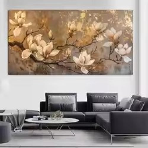 Peinture esthétique fleurs de magnolia doré sur toile texturée haut de gamme