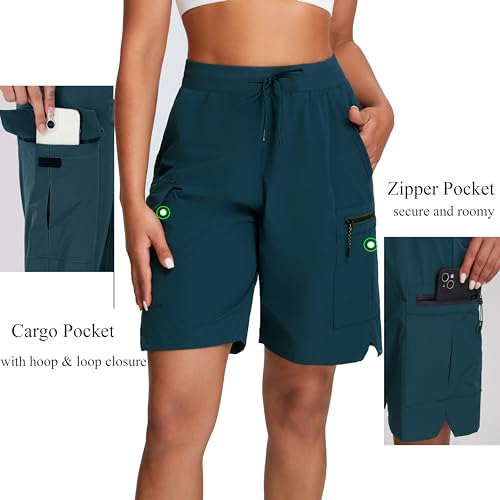 Oalka Short feminino de caminhada leve com bolsos com zíper cargo secagem rápida verão shorts, Azul-