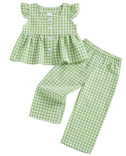 LIOMENGZI Toddler Baby Girl Clothes Summer Baby Outffit Flying Sleeve Button Up A-line Plaid Tops Pants 12 18 24 Month 3T 4T (Green 2-3T)